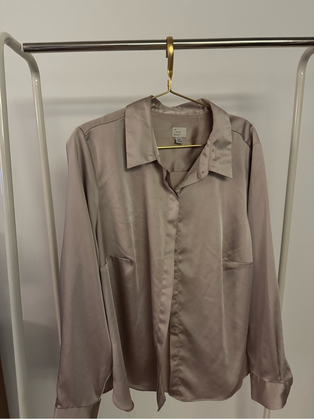 a new day Women’s Satin Button-Down Shirt in Light Taupe